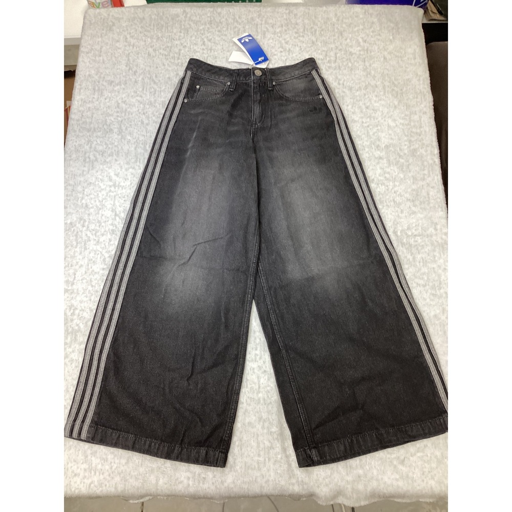 Adidas Originals Womens Denim Wide Leg Pants Washed Black 3-Stripe Size 2430